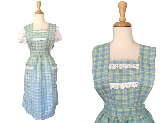Vintage Pinafore Dress - apron dress - plaid - ju… - image 1