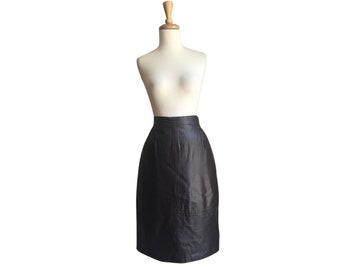 Vintage Brown Leather Skirt - pencil skirt - below knee - Medium