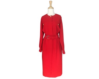 Vintage 80s Red Secretary Dress - women's work wear - wool midi - long sleeve - shirtdress - M L