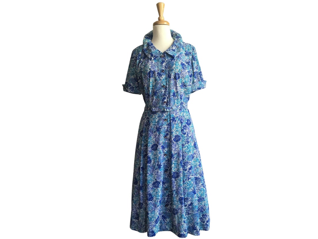 Vintage 50s Dress Fit and Flare Swing Blue Floral M L - Etsy