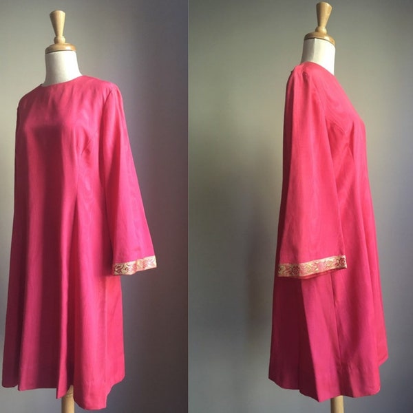 Vintage Pink Satin Party Dress - a line midi - bell sleeve - metallic gold trim - L XL