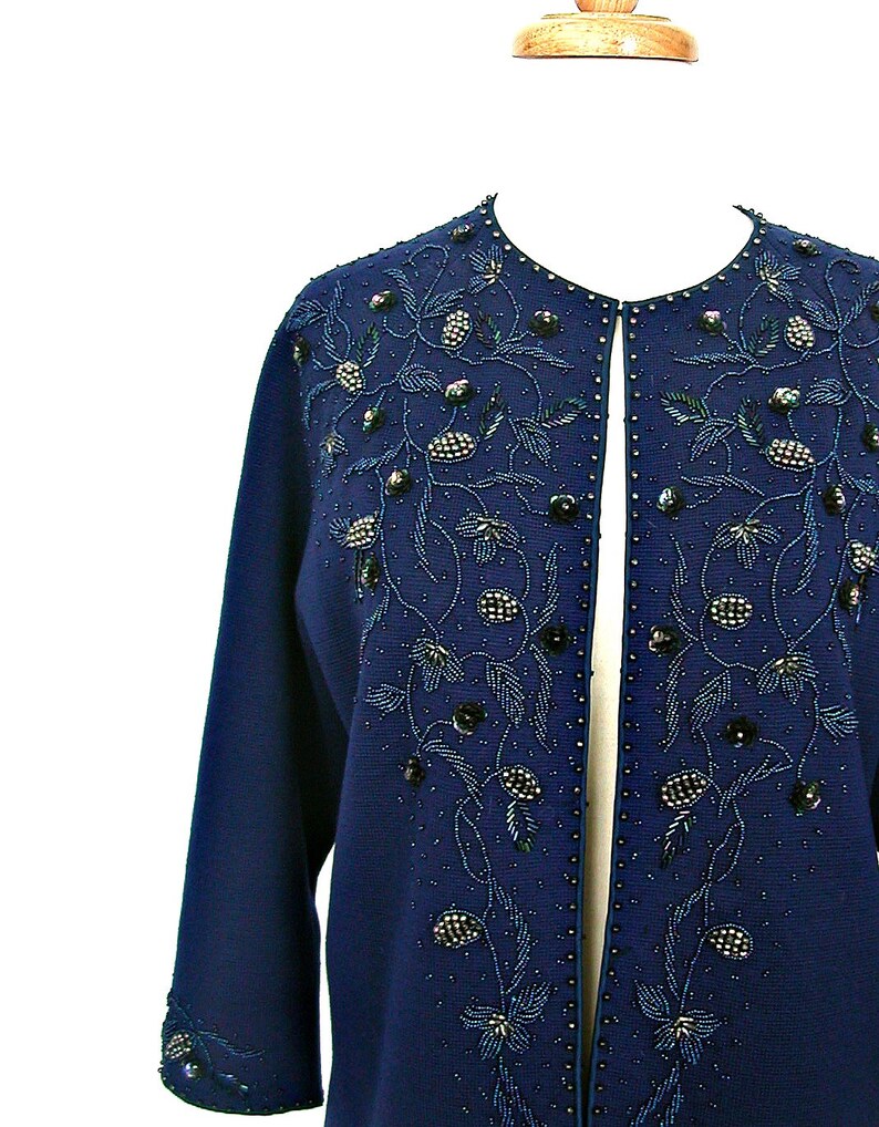 Vintage Blue Beaded Sweater evening jacket sequin cardigan M L image 2