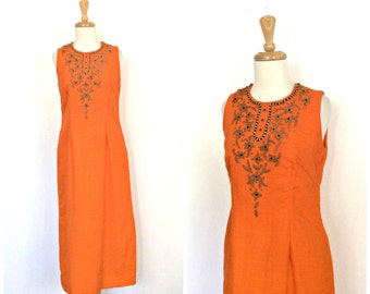 Vintage 70s Beaded Boho Linen Maxi Dress - tea length - resort wear - S M