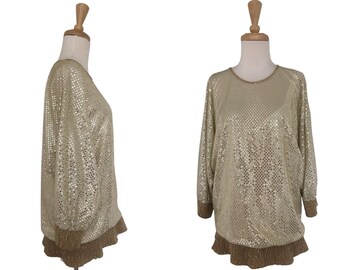 Vintage Gold Metallic Blouse - women's disco top - 70 shirt - pullover - bat wing - three flags - M L