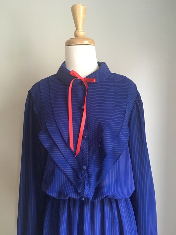 Vintage 80s Blue Blouson Pussybow Secretary Dress… - image 3