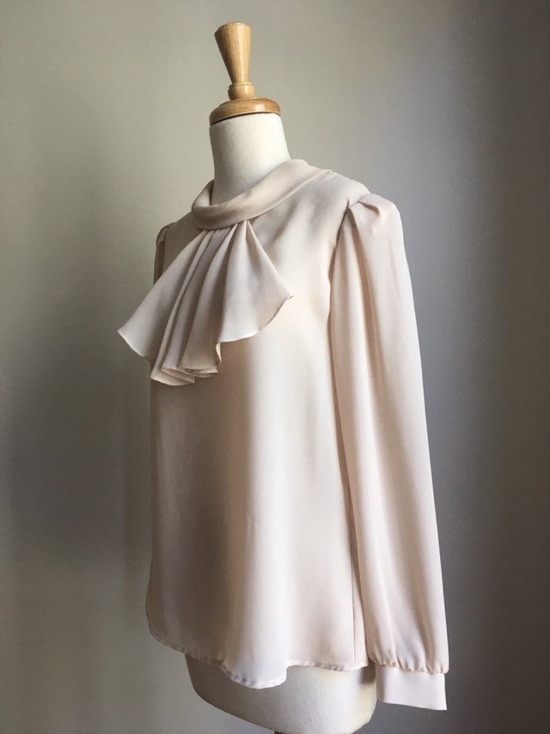 Vintage Romantic Tuxedo Blouse beige top jabot semi sheer M L image 5