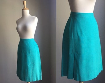 Vintage 80s Green Pleated Linen Skirt - below the knee - work wear - Medium