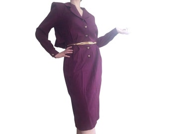 Vintage 80s Purple Shirtwaist Dress - long sleeve - straight - below the knee - 40s style - S M