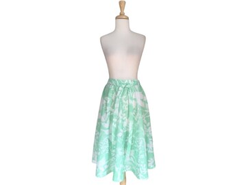 Vintage Green and White Skirt - work skirt - leaves and branches - below knee - A line - medium