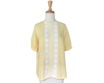 Vintage Gingham Cotton Blouse - yellow top - button down - lace - M L