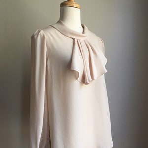 Vintage Romantic Tuxedo Blouse beige top jabot semi sheer M L image 4