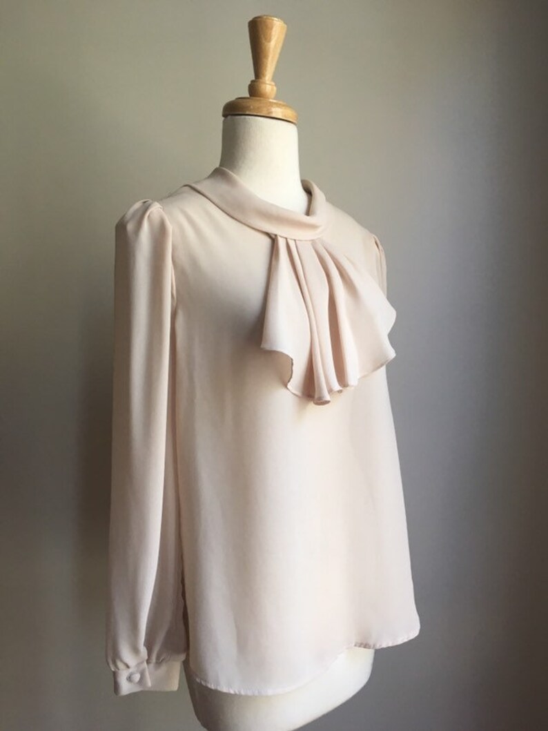 Vintage Romantic Tuxedo Blouse beige top jabot semi sheer M L image 4