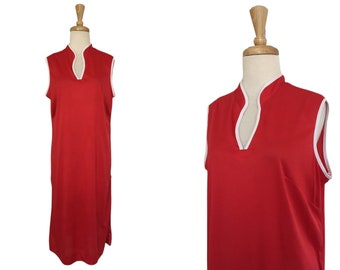 Vintage 70s Red Shift Dress - below the knee - knit - sleeveless sundress - Medium