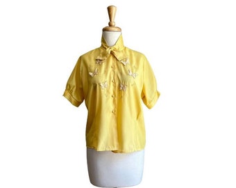 Vintage 50s Spring Yellow Butterfly Accent Blouse - ascot - button down - Medium