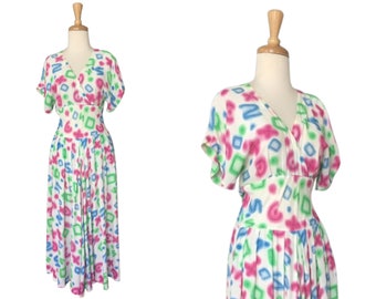 Vintage Fit and Flare Dress - swing dress - 50s style - neon abstract - midi - Medium