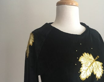 Vintage 70s Black & Gold Metallic Sweater - velour top - S M