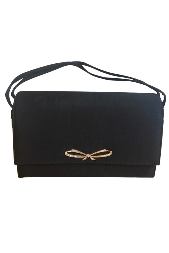 Vintage 60s Black Satin Evening Bag - structured … - image 3