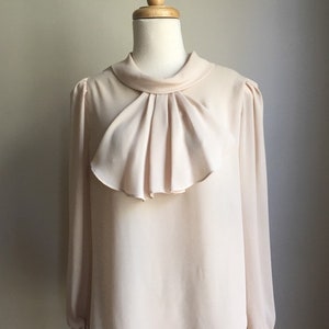 Vintage Romantic Tuxedo Blouse beige top jabot semi sheer M L image 2