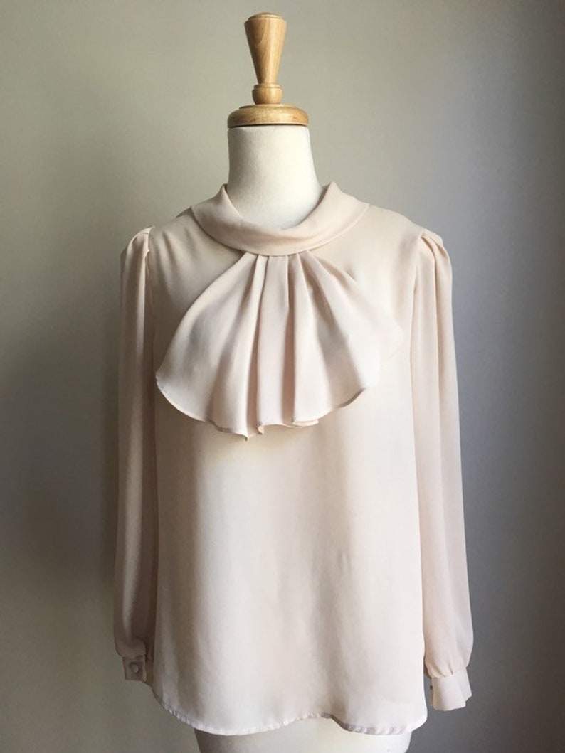 Vintage Romantic Tuxedo Blouse beige top jabot semi sheer M L image 2