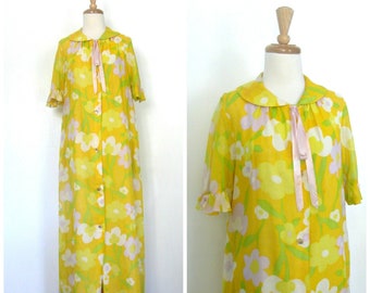 Vintage 1970s Maxi Dress - yellow floral - I Appel - tea length - alternative wedding - Medium