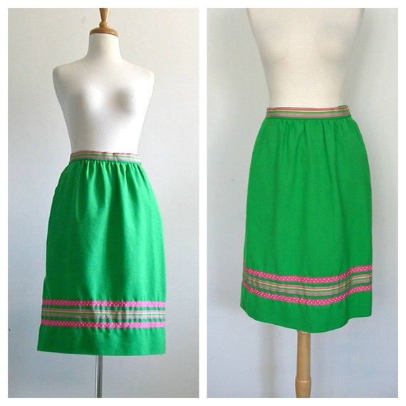 Vintage 70s Green Linen Skirt - below the knee - … - image 1