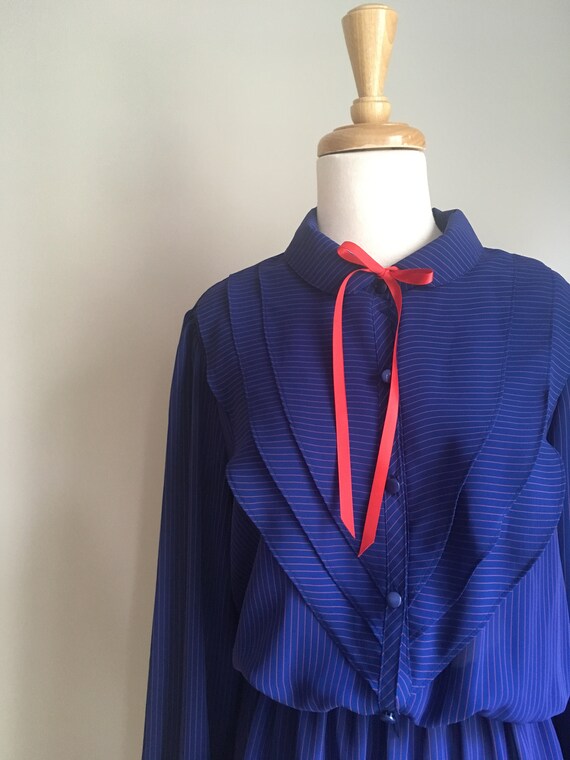 Vintage 80s Blue Blouson Pussybow Secretary Dress… - image 4