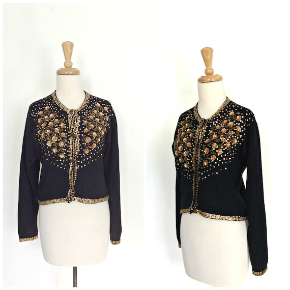 Vintage 50s Sweater - 50s cardigan - black sequin
