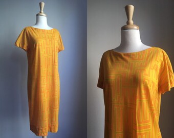 Vintage Mod Shift Dress - orange midi - geometric - pull over - M L