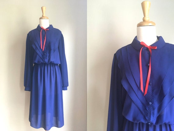 Vintage 80s Blue Blouson Pussybow Secretary Dress… - image 1