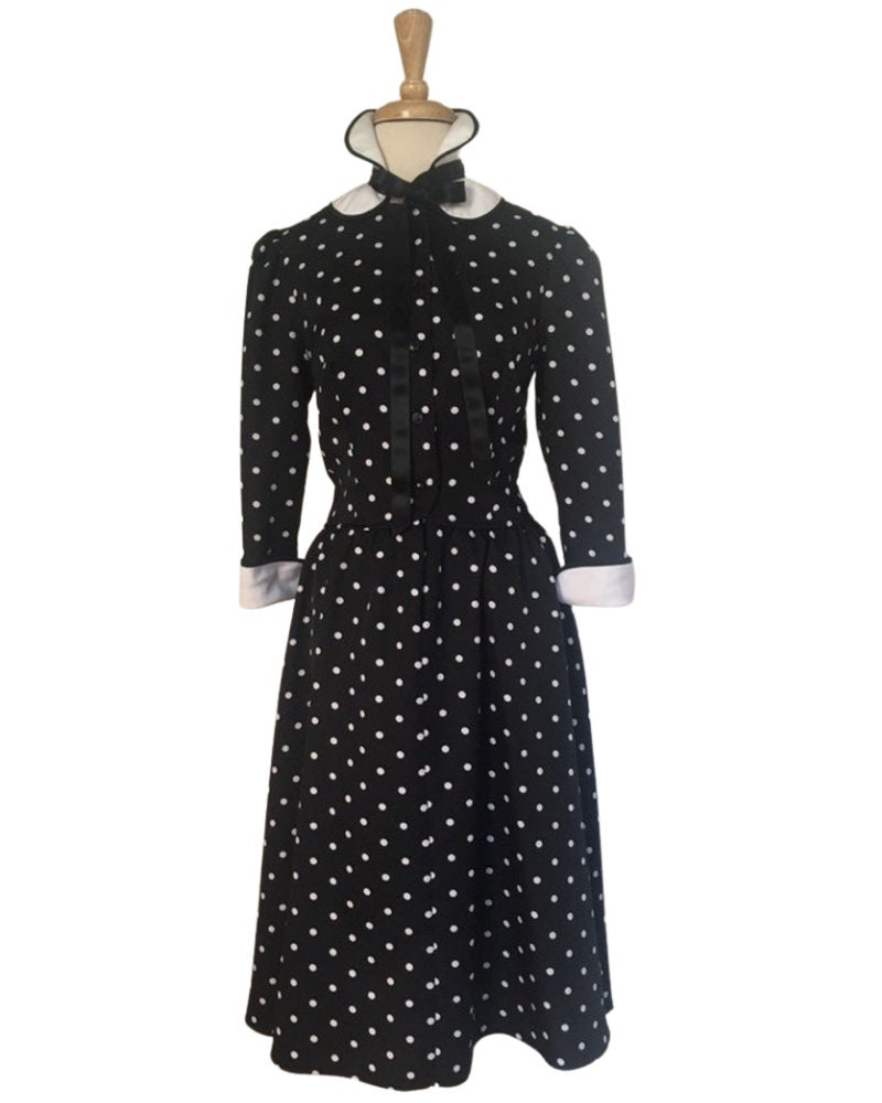 Vintage Polka Dot Dress Black Midi Fit and Flare - Etsy