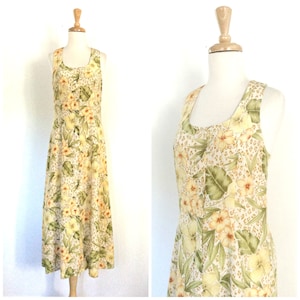 Vintage Yellow Maxi Floral Dress  - Midi Sundress - Medium
