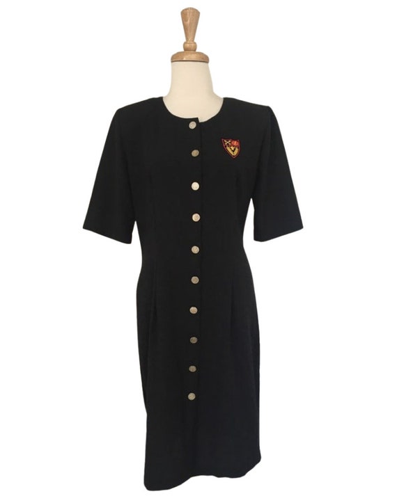 Vintage 80s Preppy Dress - black shift - crest - … - image 3