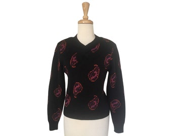 Vintage 80s Black Paisley Wool Sweater - pullover - Donald Brooks - Medium