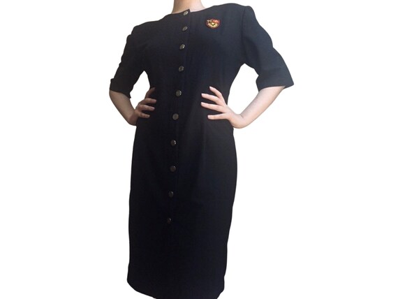 Vintage 80s Preppy Dress - black shift - crest - … - image 1