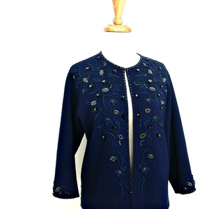 Vintage Blue Beaded Sweater evening jacket sequin cardigan M L image 3