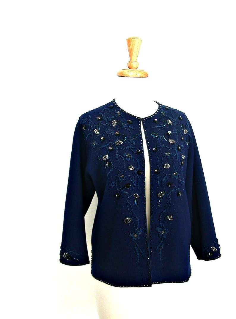 Vintage Blue Beaded Sweater evening jacket sequin cardigan M L image 3