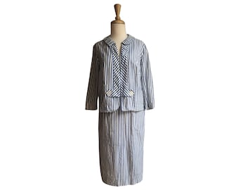 Vintage 1960s Skirt Suit - jacket and skirt set - seersucker - blue and white - Puritan Forever Young - S M