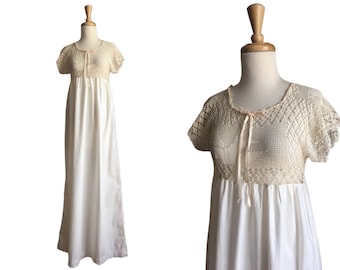 Vintage 70s Edwardian Style Crochet Maxi Dress - empire waist - summer wedding - S M