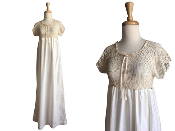 Vintage 70s Edwardian Style Crochet Maxi Dress - … - image 1