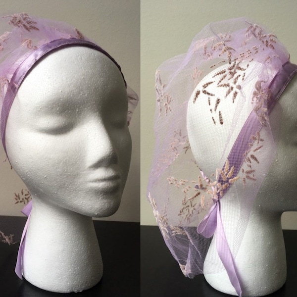 Vintage 1960s Lavender Veil - birdcage - bridal headband - embroidered netting - ties at neck