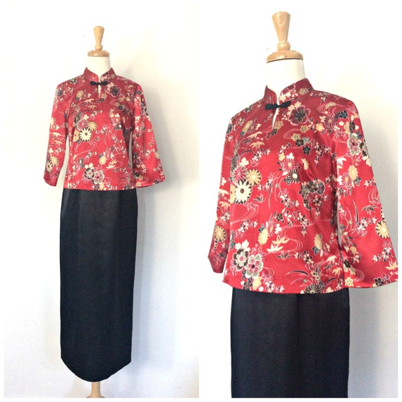 Vintage Cheongsam Dress - qipao - red and black s… - image 1