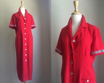 Vintage 80s Nautical Dress - shirt dress - midi - Large