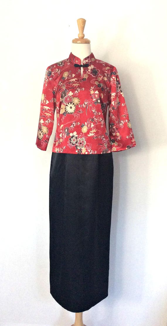 Vintage Cheongsam Dress - qipao - red and black s… - image 2