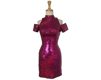 Vintage Sequin Mini Dress - bodycon - wiggle dress - open back - cold shoulder - Mike Benet - XS