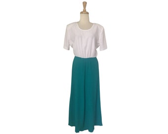 Vintage 80s Midi Dress - two tone - below the knee - crepe fabric - elastic waist - M L