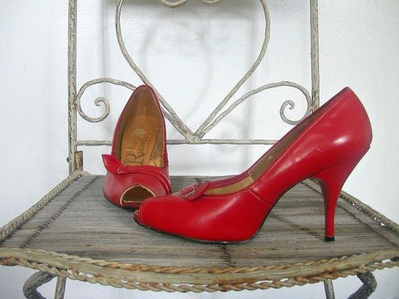 50s Pumps - peep toe shoes - red high heels - sti… - image 3