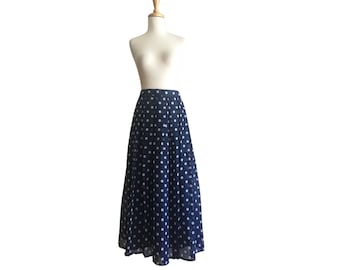 Vintage Blue Polka Dot Maxi Skirt - aline -  M L