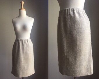 Vintage Beige Wool Skirt - pull on - a line - knee length - elastic band - Medium