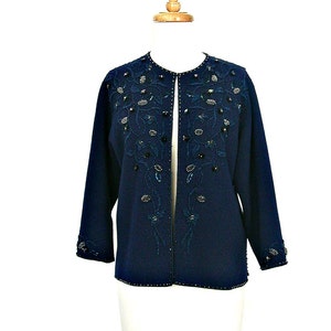 Vintage Blue Beaded Sweater evening jacket sequin cardigan M L image 4