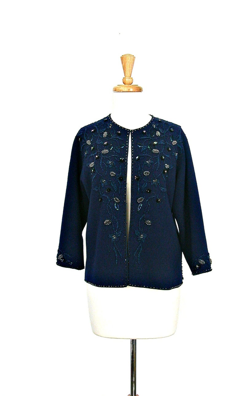 Vintage Blue Beaded Sweater evening jacket sequin cardigan M L image 4